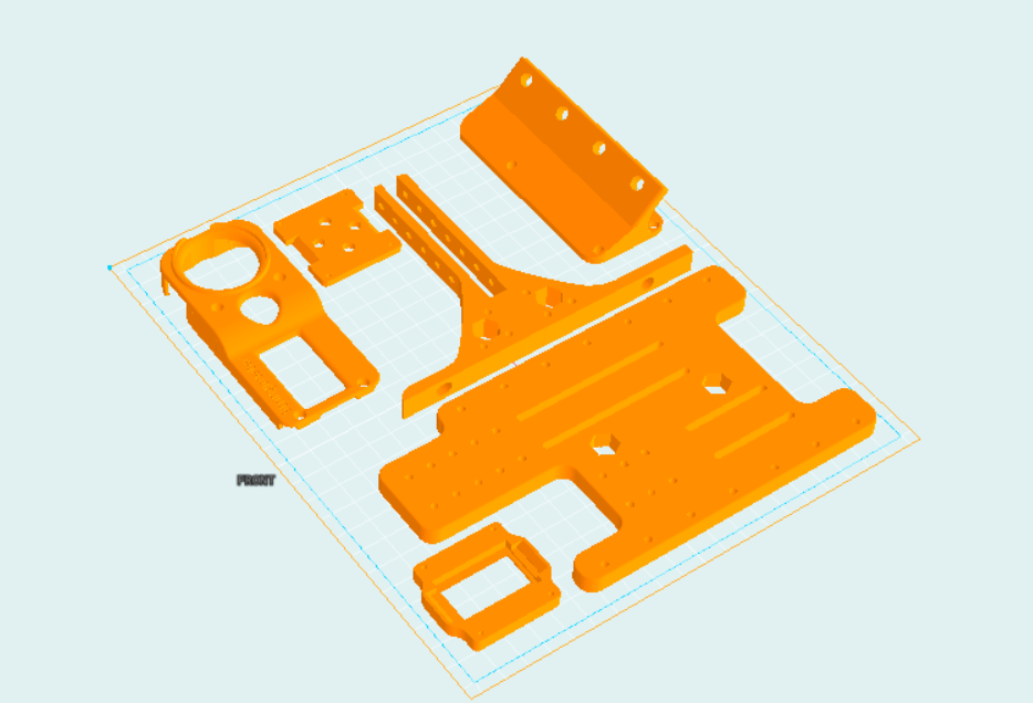 Slicer preview of Stringimeter components arranged on a 3D printer build plate